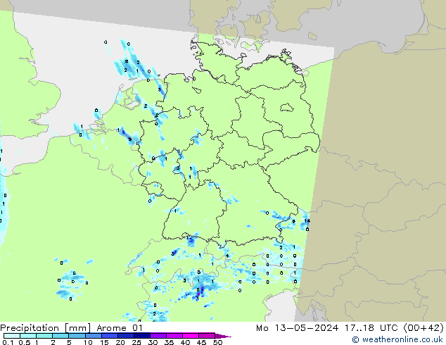 Srážky Arome 01 Po 13.05.2024 18 UTC