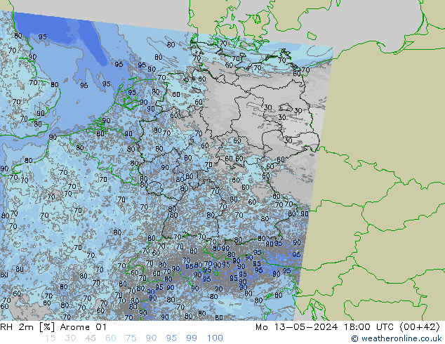 Humidité rel. 2m Arome 01 lun 13.05.2024 18 UTC