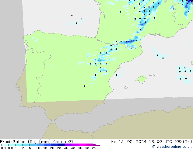 Precipitation (6h) Arome 01 Mo 13.05.2024 00 UTC