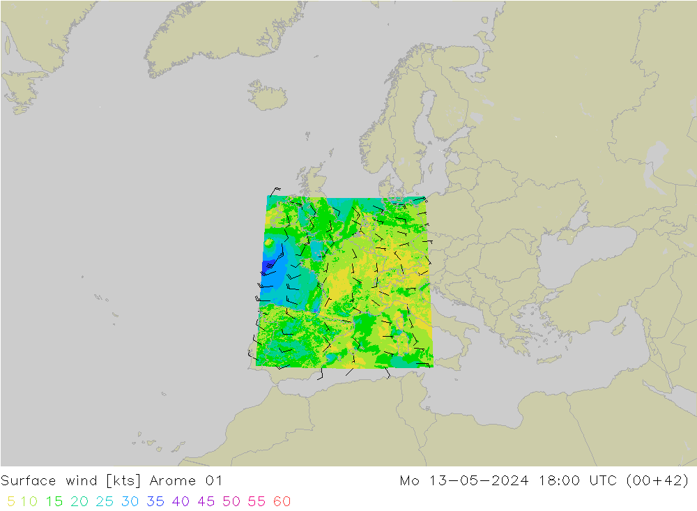 Vento 10 m Arome 01 lun 13.05.2024 18 UTC