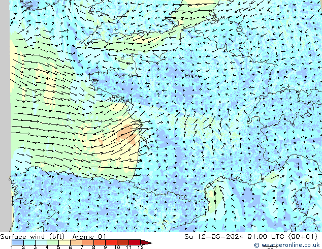 Rüzgar 10 m (bft) Arome 01 Paz 12.05.2024 01 UTC