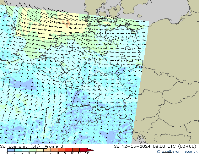 wiatr 10 m (bft) Arome 01 nie. 12.05.2024 09 UTC