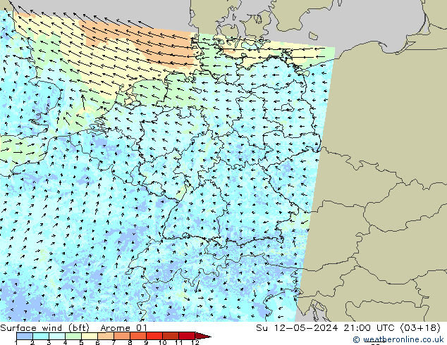 Surface wind (bft) Arome 01 Ne 12.05.2024 21 UTC