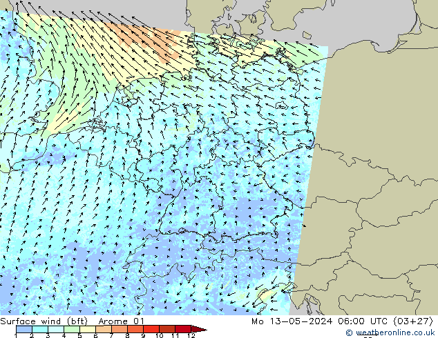 Surface wind (bft) Arome 01 Po 13.05.2024 06 UTC