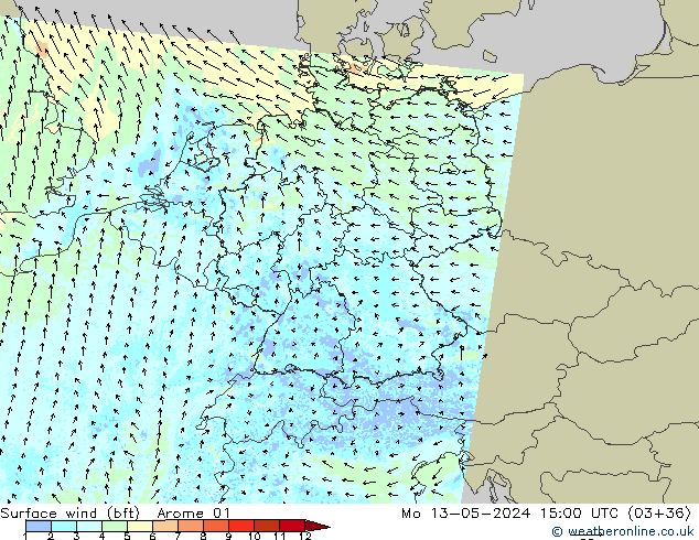 Surface wind (bft) Arome 01 Po 13.05.2024 15 UTC