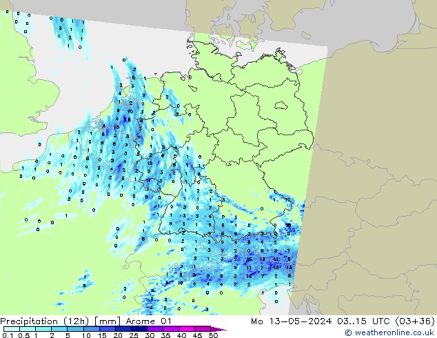 Precipitação (12h) Arome 01 Seg 13.05.2024 15 UTC