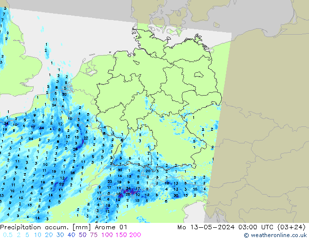 Precipitation accum. Arome 01 Seg 13.05.2024 03 UTC