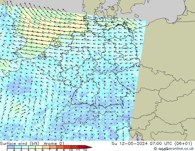 Surface wind (bft) Arome 01 Ne 12.05.2024 07 UTC