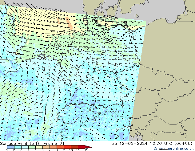 Wind 10 m (bft) Arome 01 zo 12.05.2024 12 UTC