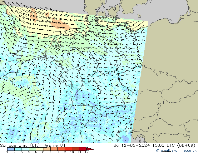 Wind 10 m (bft) Arome 01 zo 12.05.2024 15 UTC
