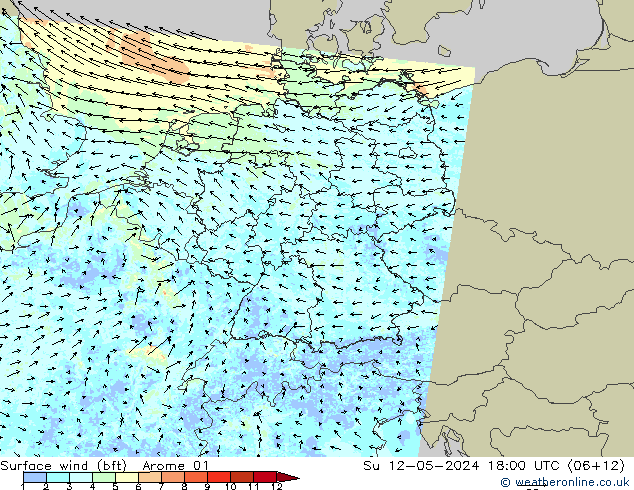 Bodenwind (bft) Arome 01 So 12.05.2024 18 UTC