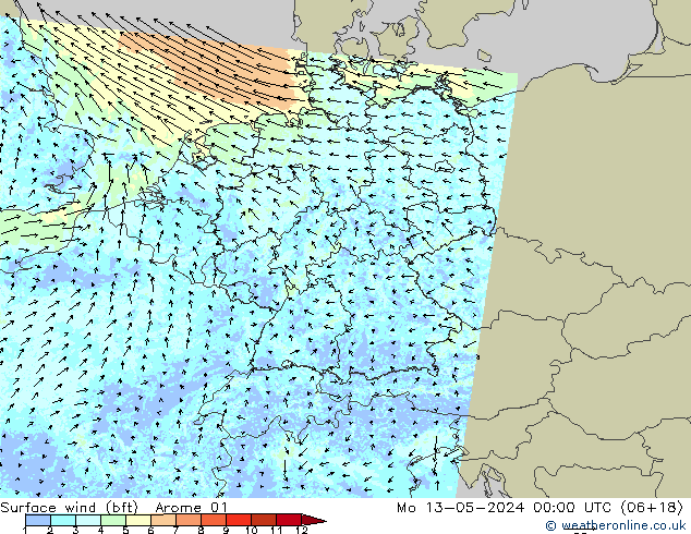 Surface wind (bft) Arome 01 Mo 13.05.2024 00 UTC