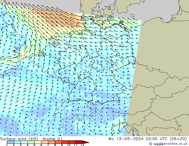 Surface wind (bft) Arome 01 Mo 13.05.2024 02 UTC