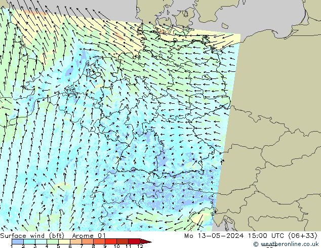 Rüzgar 10 m (bft) Arome 01 Pzt 13.05.2024 15 UTC