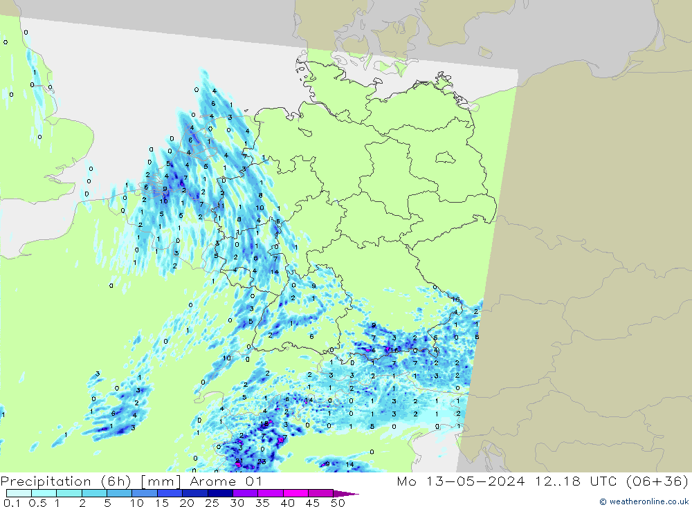 Precipitation (6h) Arome 01 Mo 13.05.2024 18 UTC