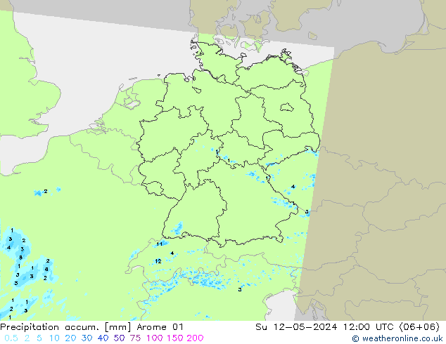 Precipitation accum. Arome 01 星期日 12.05.2024 12 UTC