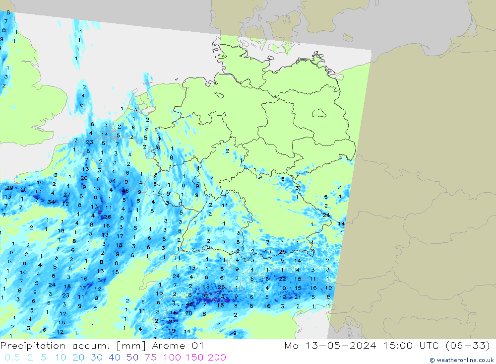 Precipitation accum. Arome 01 Mo 13.05.2024 15 UTC