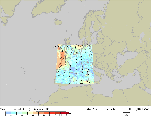 Rüzgar 10 m (bft) Arome 01 Pzt 13.05.2024 06 UTC