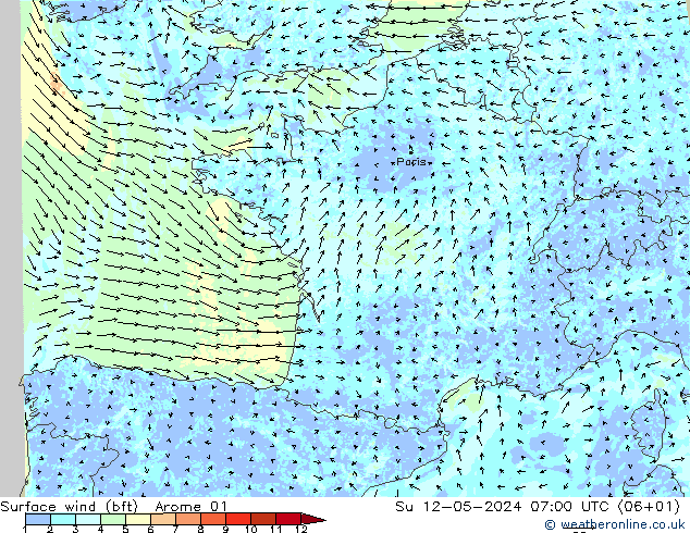 Surface wind (bft) Arome 01 Su 12.05.2024 07 UTC