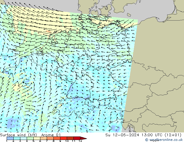Wind 10 m (bft) Arome 01 zo 12.05.2024 13 UTC