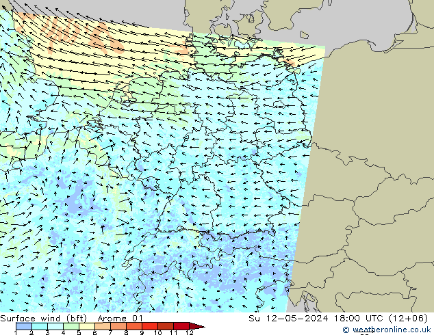 Rüzgar 10 m (bft) Arome 01 Paz 12.05.2024 18 UTC