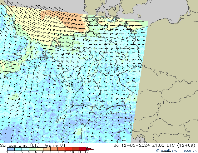 Wind 10 m (bft) Arome 01 zo 12.05.2024 21 UTC
