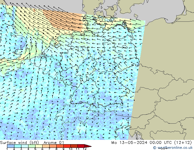 Surface wind (bft) Arome 01 Po 13.05.2024 00 UTC