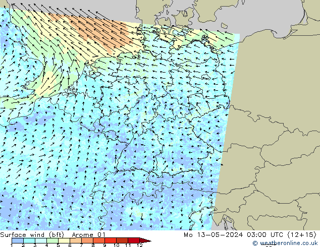 Surface wind (bft) Arome 01 Po 13.05.2024 03 UTC