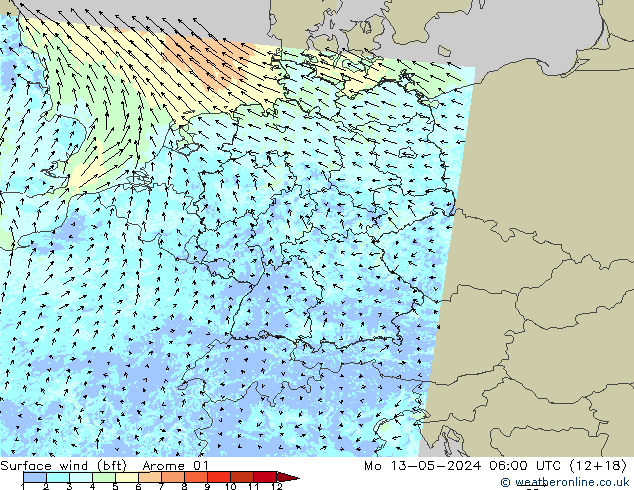 Wind 10 m (bft) Arome 01 ma 13.05.2024 06 UTC
