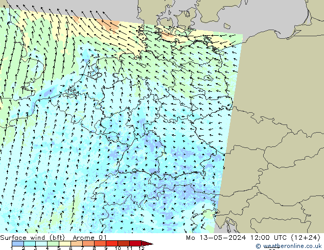 Wind 10 m (bft) Arome 01 ma 13.05.2024 12 UTC