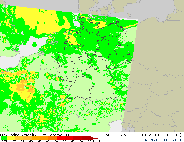 Max. wind velocity Arome 01 星期日 12.05.2024 14 UTC