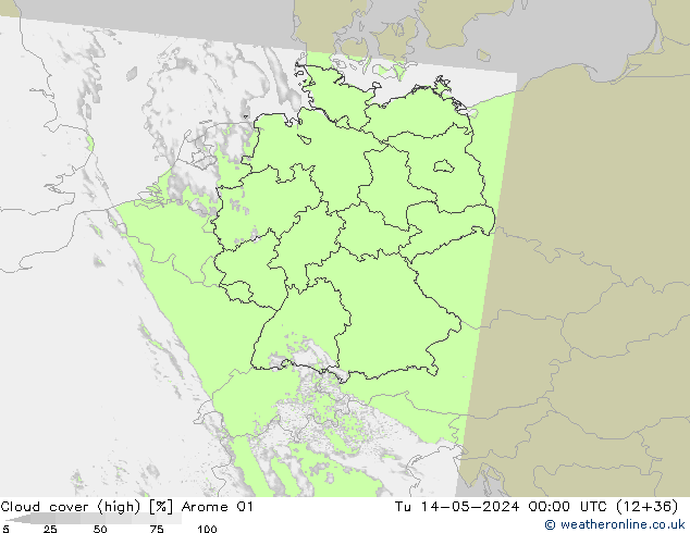 Bewolking (Hoog) Arome 01 di 14.05.2024 00 UTC