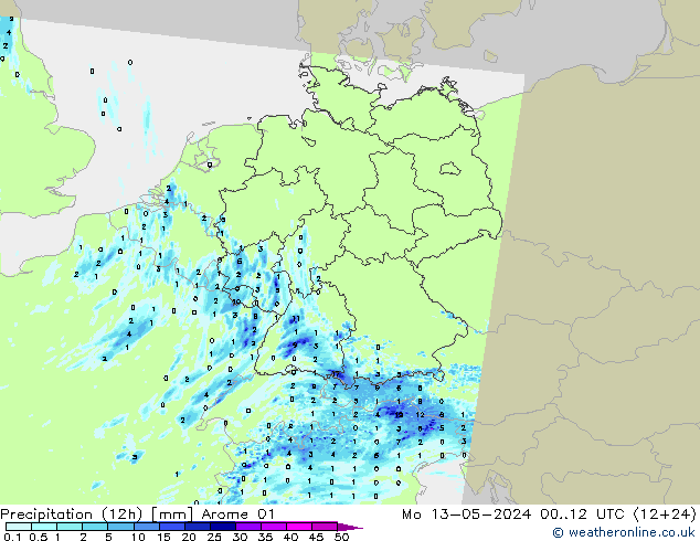 Precipitation (12h) Arome 01 Po 13.05.2024 12 UTC