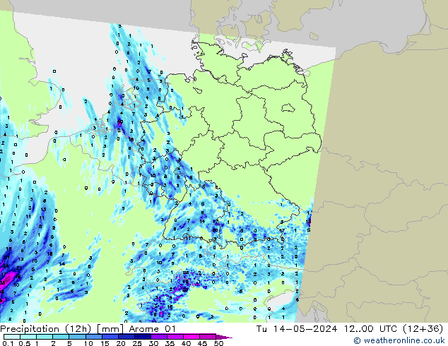 Precipitation (12h) Arome 01 Tu 14.05.2024 00 UTC