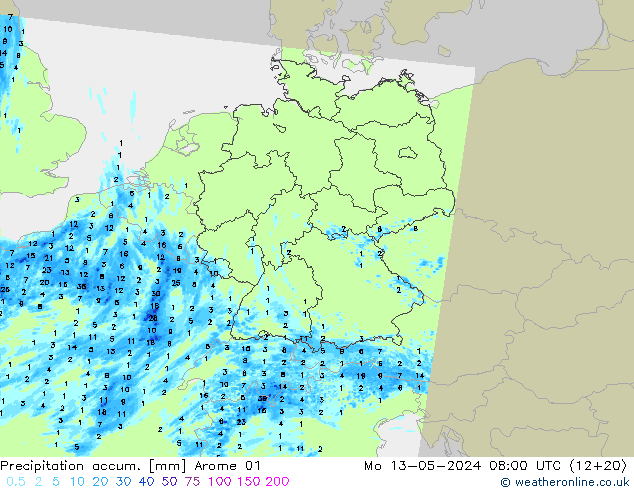 Precipitation accum. Arome 01 星期一 13.05.2024 08 UTC