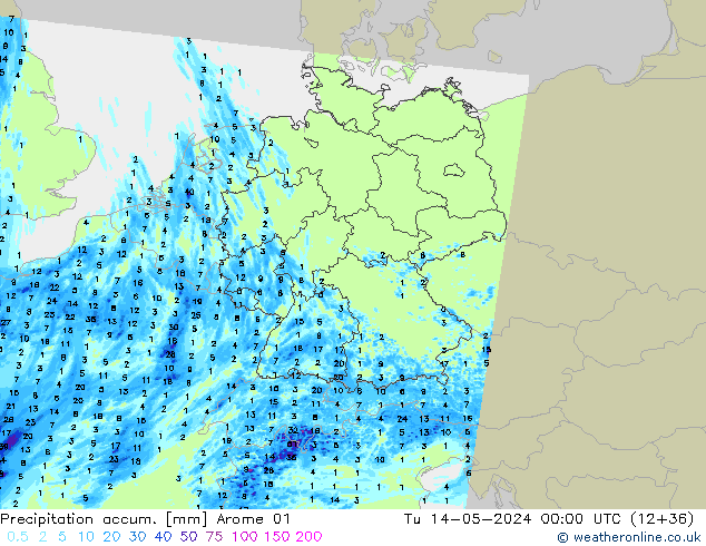 Precipitation accum. Arome 01  14.05.2024 00 UTC