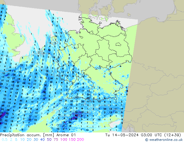 Precipitation accum. Arome 01 Út 14.05.2024 03 UTC