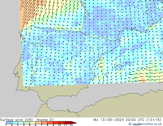 Vent 10 m (bft) Arome 01 lun 13.05.2024 03 UTC