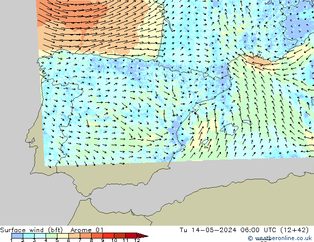 Wind 10 m (bft) Arome 01 di 14.05.2024 06 UTC