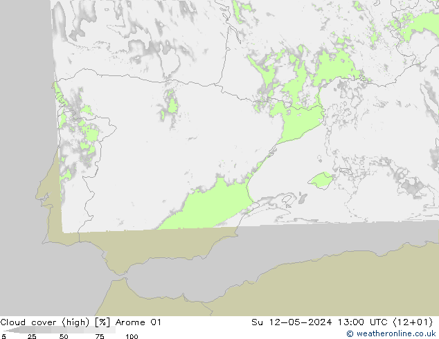 Cloud cover (high) Arome 01 Su 12.05.2024 13 UTC