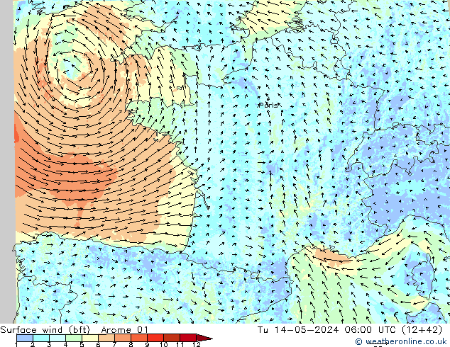 Surface wind (bft) Arome 01 Út 14.05.2024 06 UTC