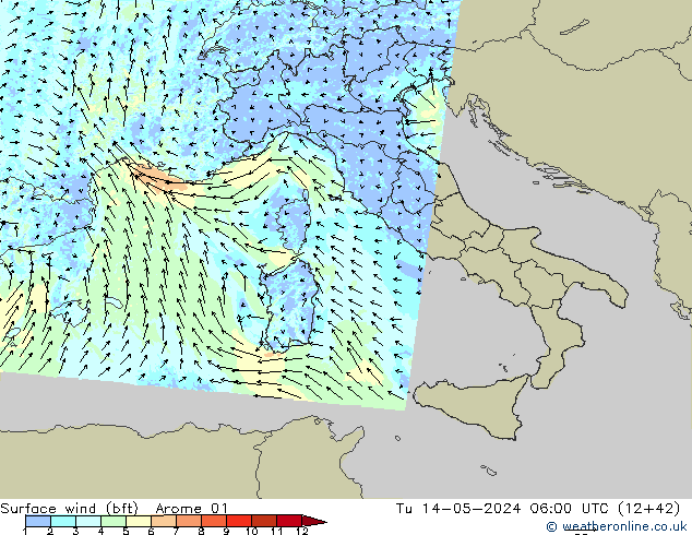 Surface wind (bft) Arome 01 Tu 14.05.2024 06 UTC