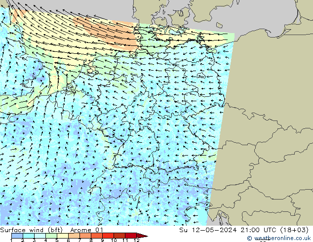 Surface wind (bft) Arome 01 Su 12.05.2024 21 UTC