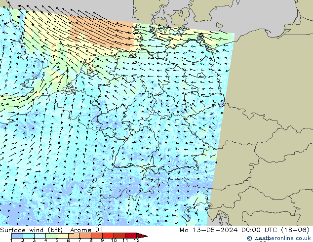 Wind 10 m (bft) Arome 01 ma 13.05.2024 00 UTC