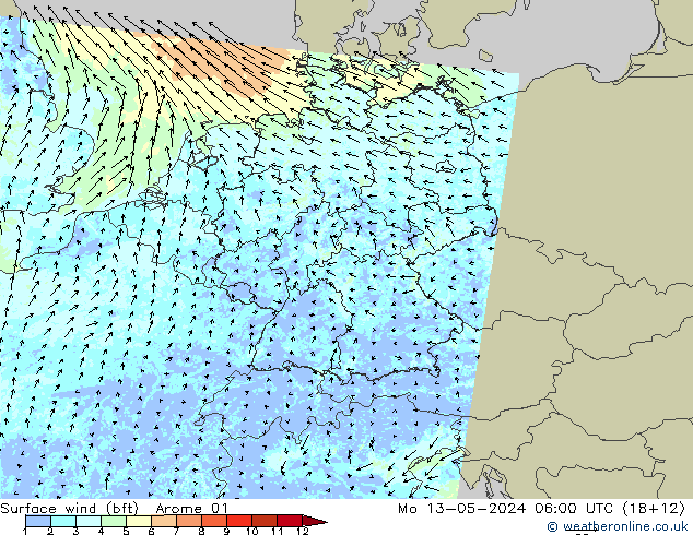 wiatr 10 m (bft) Arome 01 pon. 13.05.2024 06 UTC