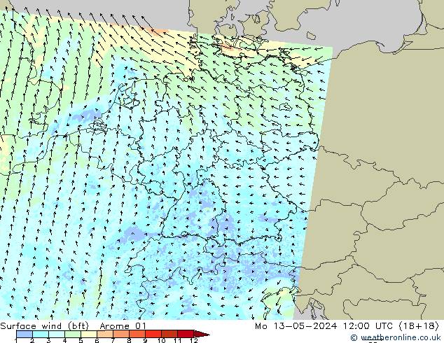 Surface wind (bft) Arome 01 Mo 13.05.2024 12 UTC