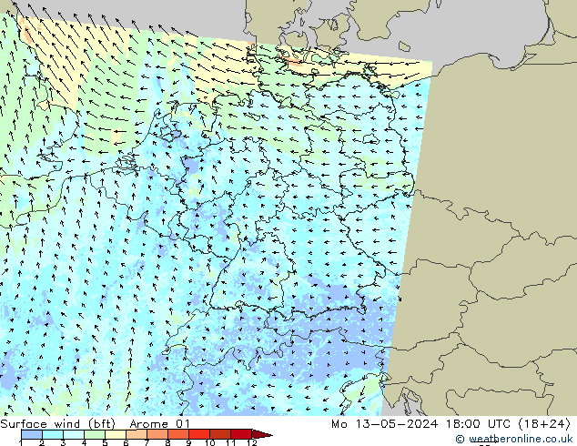 Surface wind (bft) Arome 01 Mo 13.05.2024 18 UTC