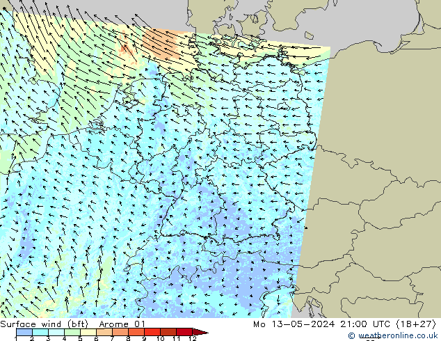 Surface wind (bft) Arome 01 Po 13.05.2024 21 UTC