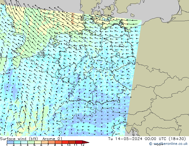 Wind 10 m (bft) Arome 01 di 14.05.2024 00 UTC