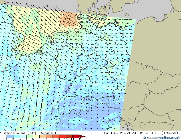 Wind 10 m (bft) Arome 01 di 14.05.2024 06 UTC